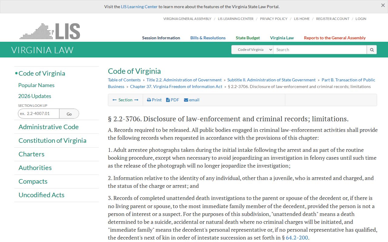Virginia law governing Henry County adult booking photo release records