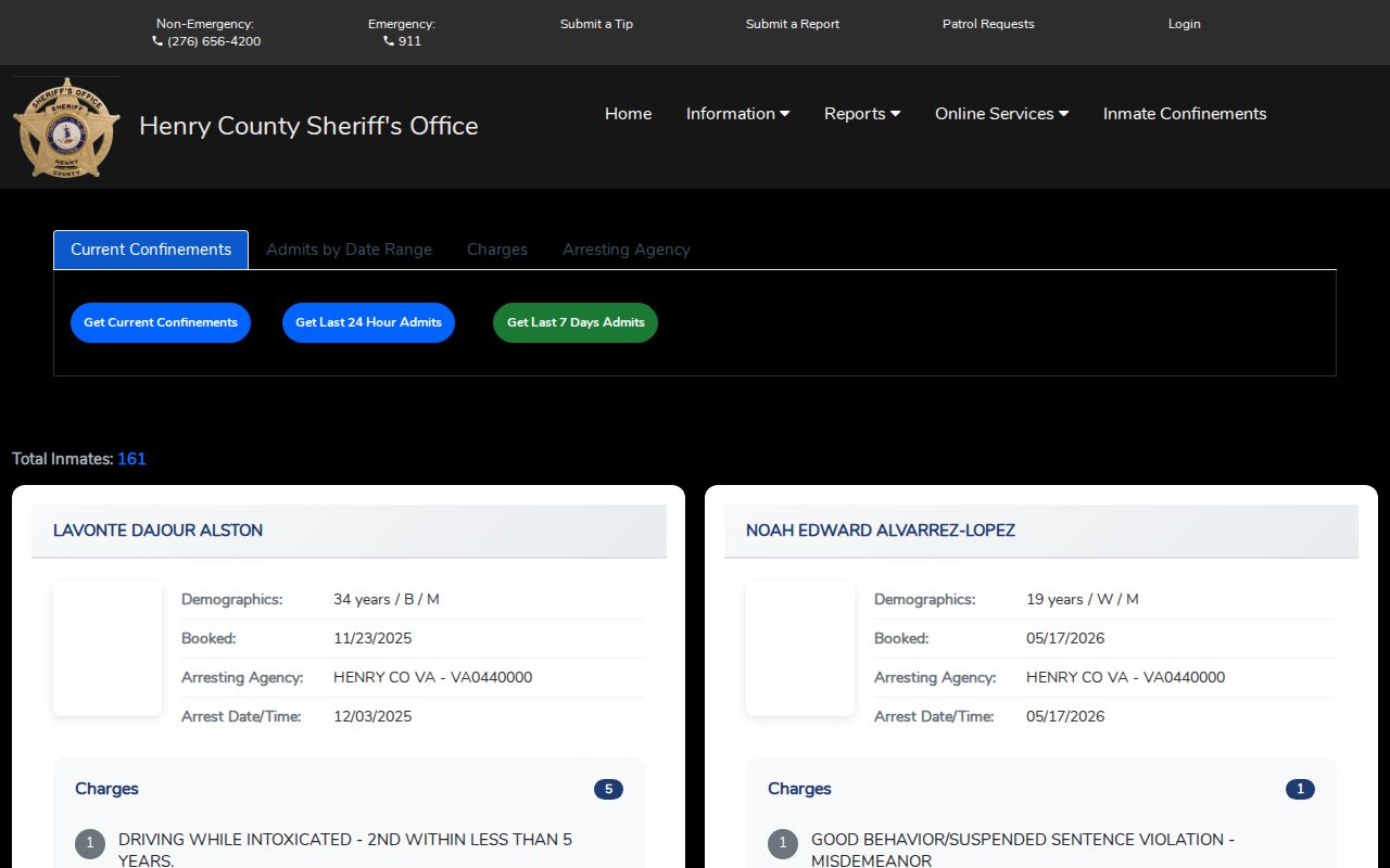 Henry County jail current booking photos and admit controls without released mugshots